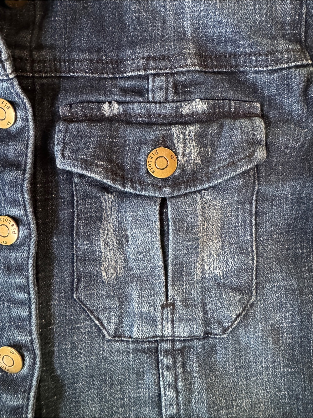 Pistola Blue Distressed Denim Button-Up Trucker Cropped Jean Jacket P5045N1 (M) - Picture 17 of 17